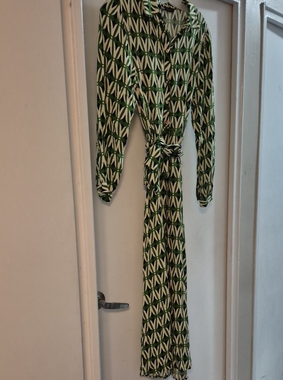 Zara Green and White Geometric Tie-Waist Dress